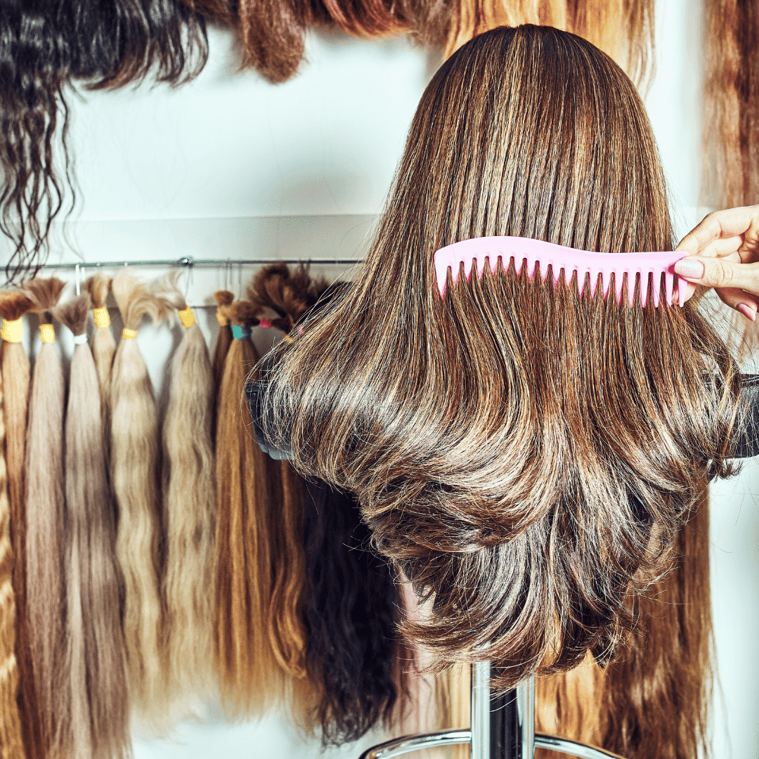 Woman combing a wig in a wig store with more wigs displayed on hooks in the background.